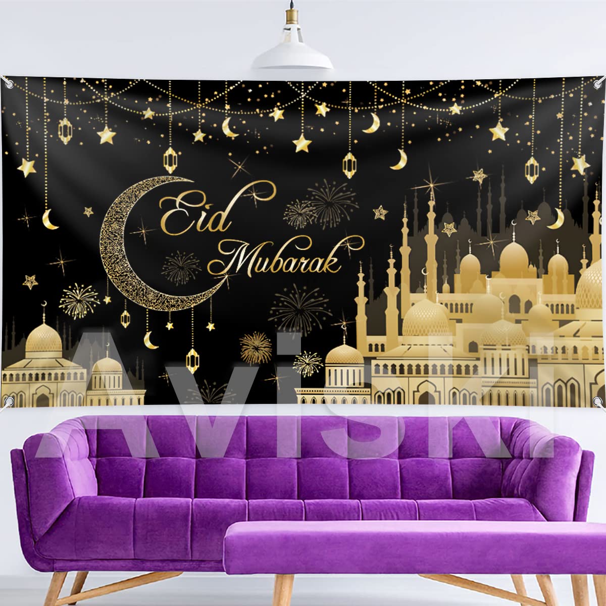 Pancarta Aviski Eid Mubarak de 78 x 43 pulgadas con fondo negro para decoraciones de fiesta musulmana