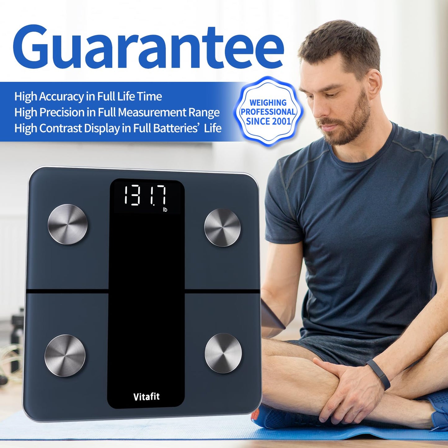 Vitafit Smart-Körperwaage, hohe Genauigkeit 0,05 kg, von unserer professionellen Fabrik seit 2001, App-Synchronisierung von 13 Körperzusammensetzungen wie BMI, Körperfett und Muskelmasse, 180 kg, LED, Schwarz