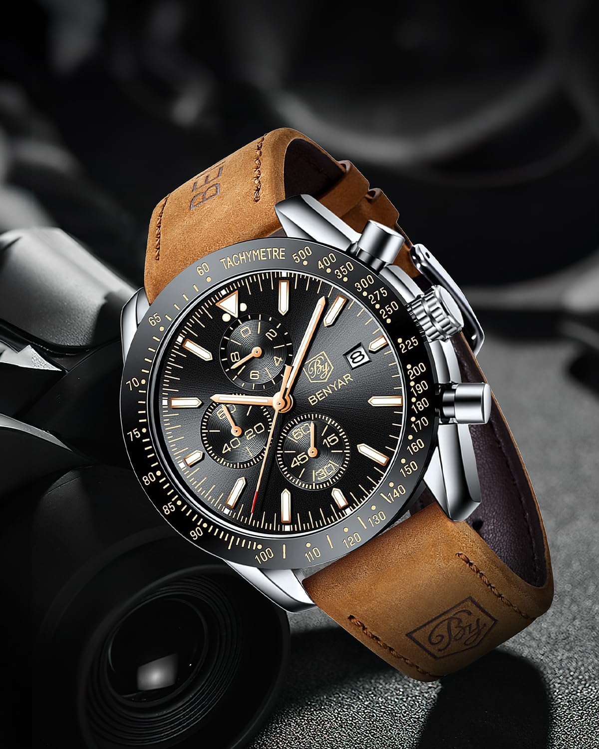 BY BENYAR Uhren für Herren Analog Quarz Chronograph 30M Wasserdicht Leuchtend Großes Zifferblatt Herren Armbanduhren Business Arbeit Sport Freizeit Mode Designer Uhr Elegantes Geschenk für Herren