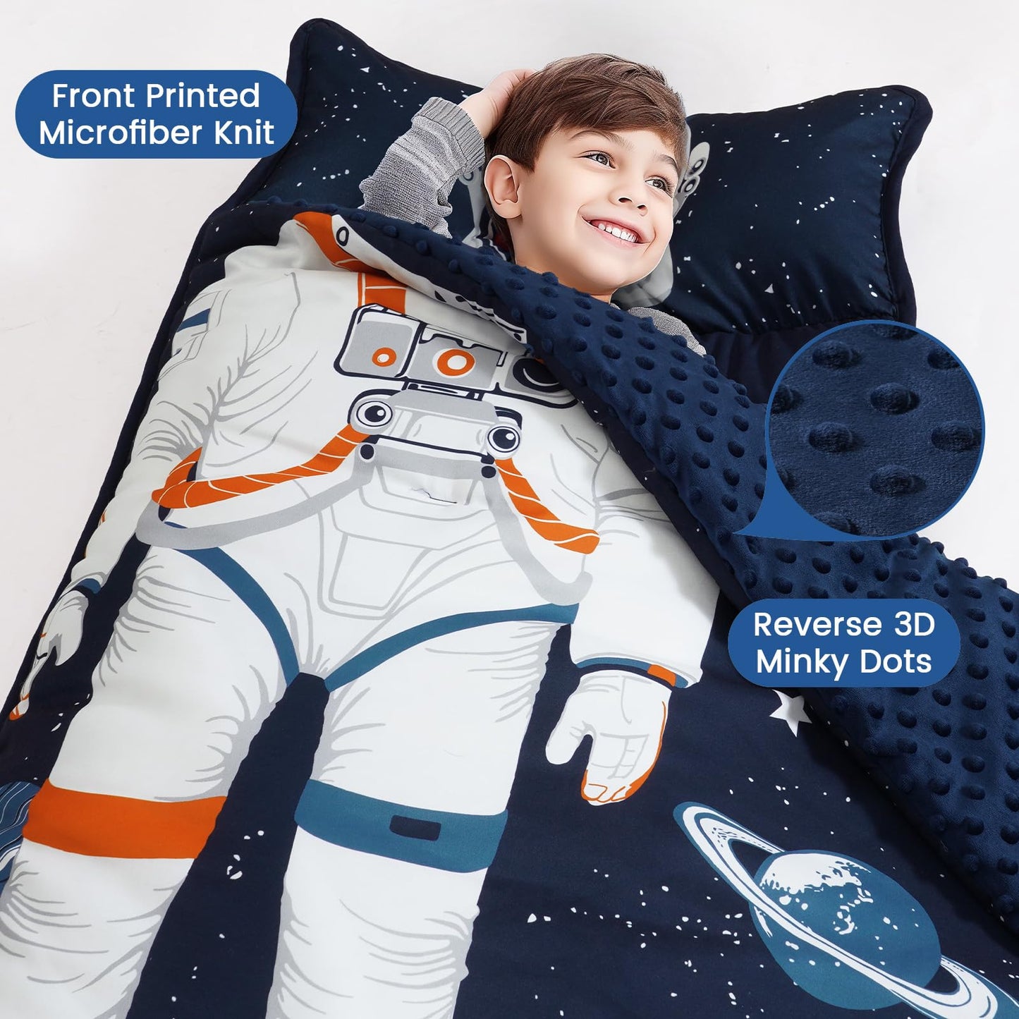 PHF Toddler Nap Mat with Removable Pillow and Minky Blanket, Rollup Design Kids Sleeping Mat, Slumber Bags for Boys, 55"x23" Toddler Sleeping Bag for Daycare Preschool Travel Camping, Space