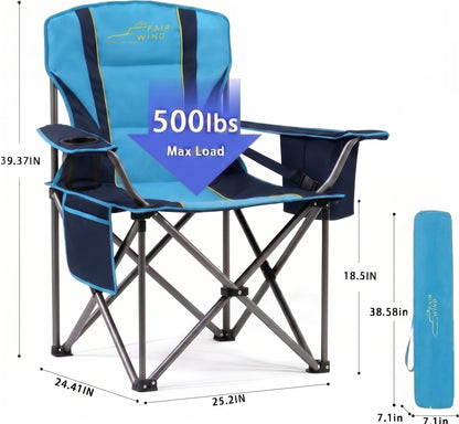 FAIR WIND Padded Camping Chair 500LBS Capacity Heavy Duty Oversized Folding Chair for Heavy People Portable Lawn Chair with Adjustable Lumbar Support, Cooler Bag & Cup Holder for Outdoor, Beach