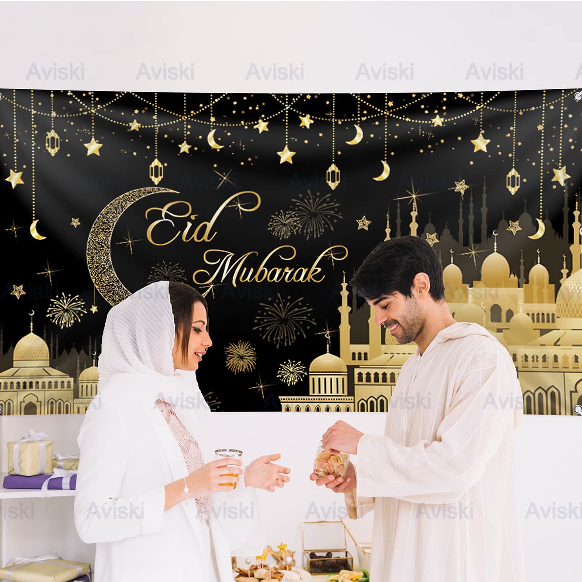 Pancarta Aviski Eid Mubarak de 78 x 43 pulgadas con fondo negro para decoraciones de fiesta musulmana