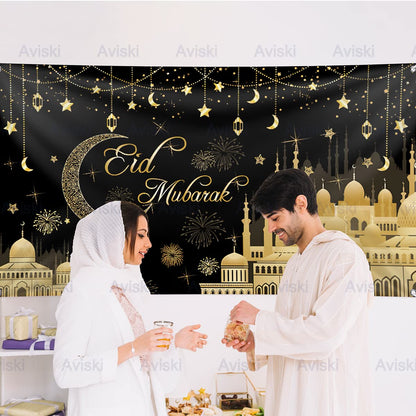 Pancarta Aviski Eid Mubarak de 78 x 43 pulgadas con fondo negro para decoraciones de fiesta musulmana