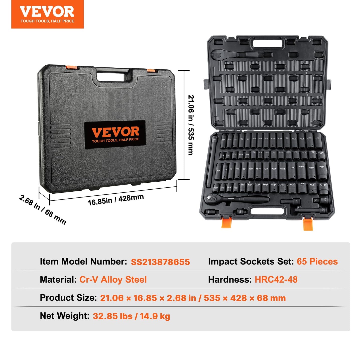 VEVOR 91-Piece 1/2" Drive Impact Socket Set, SAE (5/16" to 1-1/4") & Metric (8 to 32 mm), CR-V, Deep & Shallow, 6 Point, Ratchet Handle, Universal Joint, Adapters, Extension Bars (3, 5, 10 in)