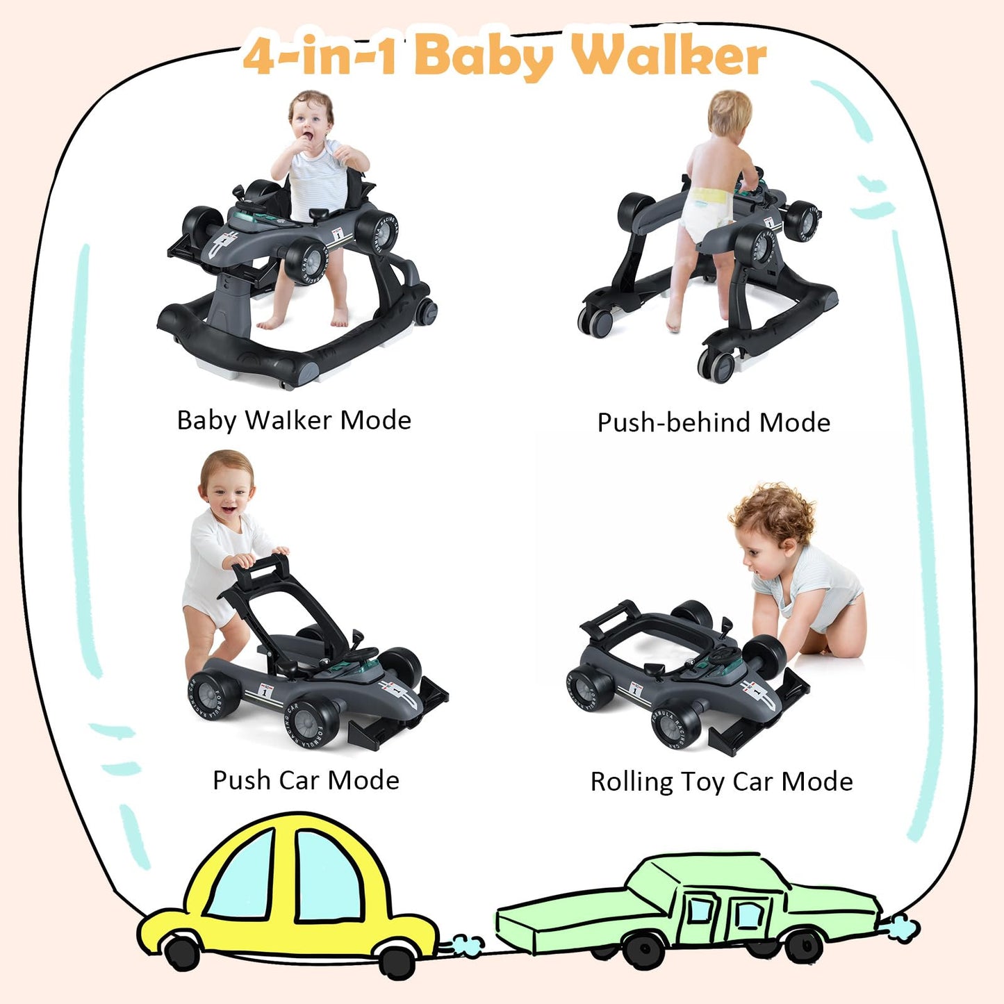 HONEY JOY 4-in-1 Baby Walker, Activity Push Walker w/3 Adjustable Heights, Smooth Wheels w/Adjustable Speed, Padded Seat, Music & Light, Foldable Car Walker for Baby Boys Girls Age 6 Months+ (Blue)