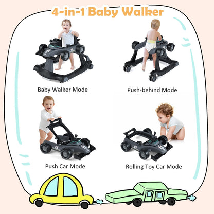 HONEY JOY 4-in-1 Baby Walker, Activity Push Walker w/3 Adjustable Heights, Smooth Wheels w/Adjustable Speed, Padded Seat, Music & Light, Foldable Car Walker for Baby Boys Girls Age 6 Months+ (Blue)