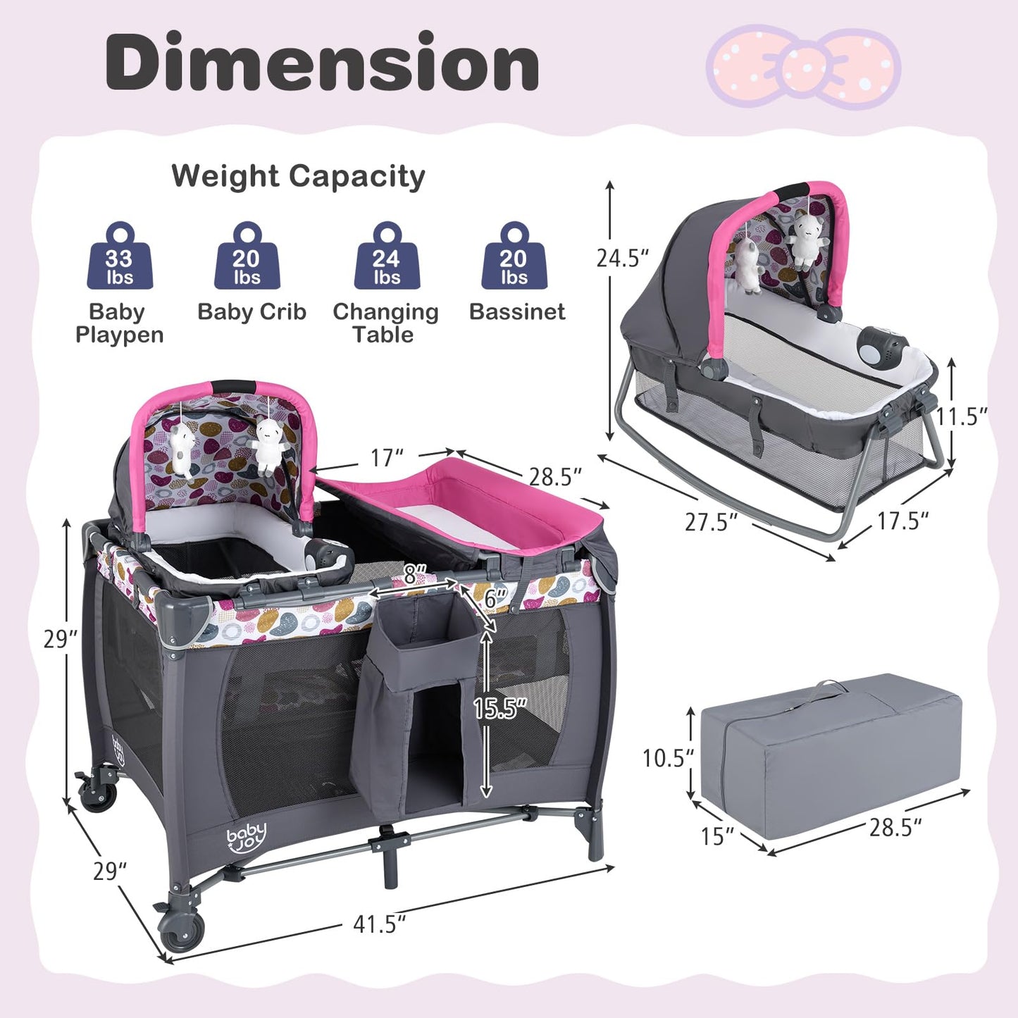 BABY JOY 5 in 1 Pink Pack and Play, Portable Baby Playard with Bassinet & Changing Table, Infant Pink Girl Bassinet Center w/Hangings & Music & Oxford Bag for Baby Toddlers (Rose, Dot Circle)