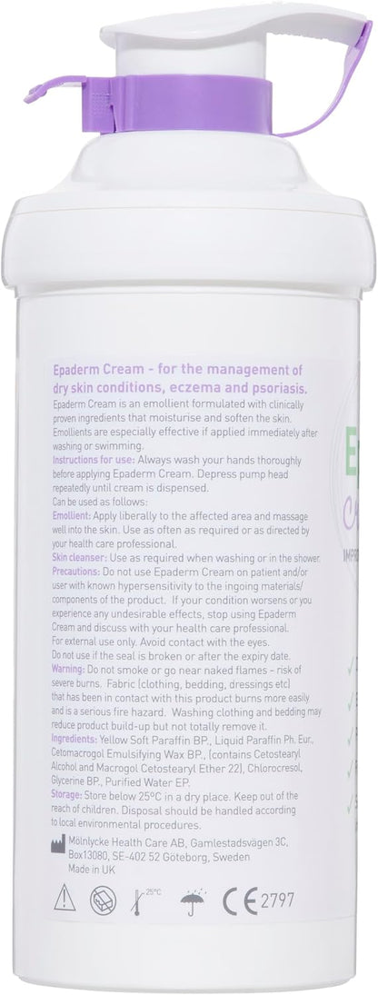 Epaderm Cream for Eczema, Psoriasis and Dry Skin | 500g pump | 2-in-1 emollient formulated with clinically proven ingredients | Free from fragrance, colour, steroids, sodium lauryl sulphate (SLS) | Suitable for all ages, including babies