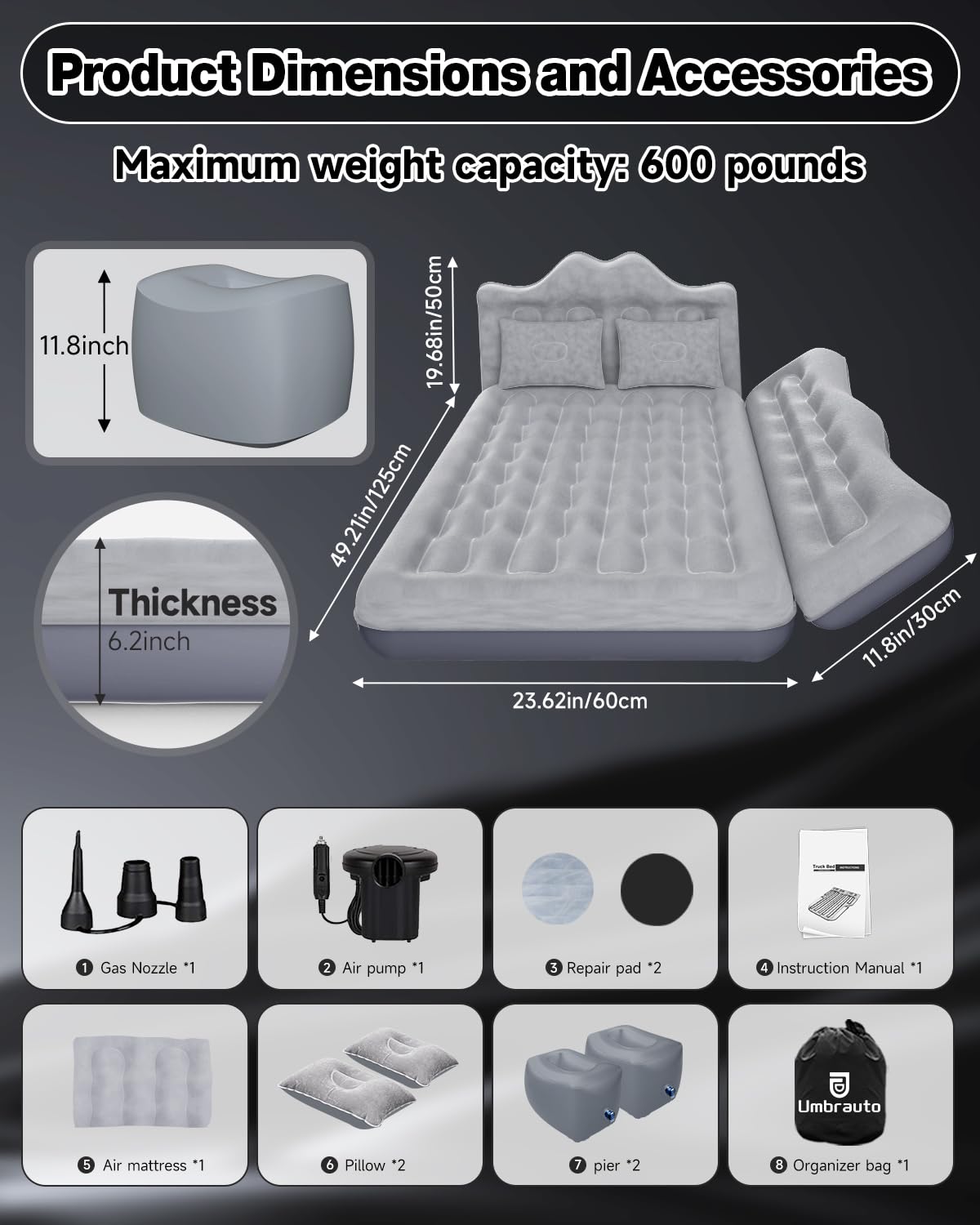 Umbrauto Car Air Mattress Backseat| Inflatable Truck Back Seat Camping Airbed for SUV Rear Seat, Blow Up Sleeping Travel Bed for Van Trunk with Pump & Pillows