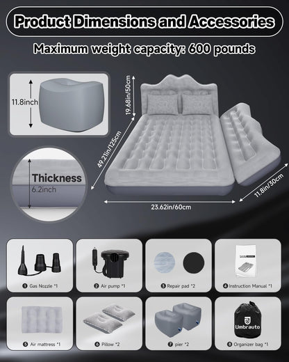 Umbrauto Car Air Mattress Backseat| Inflatable Truck Back Seat Camping Airbed for SUV Rear Seat, Blow Up Sleeping Travel Bed for Van Trunk with Pump & Pillows