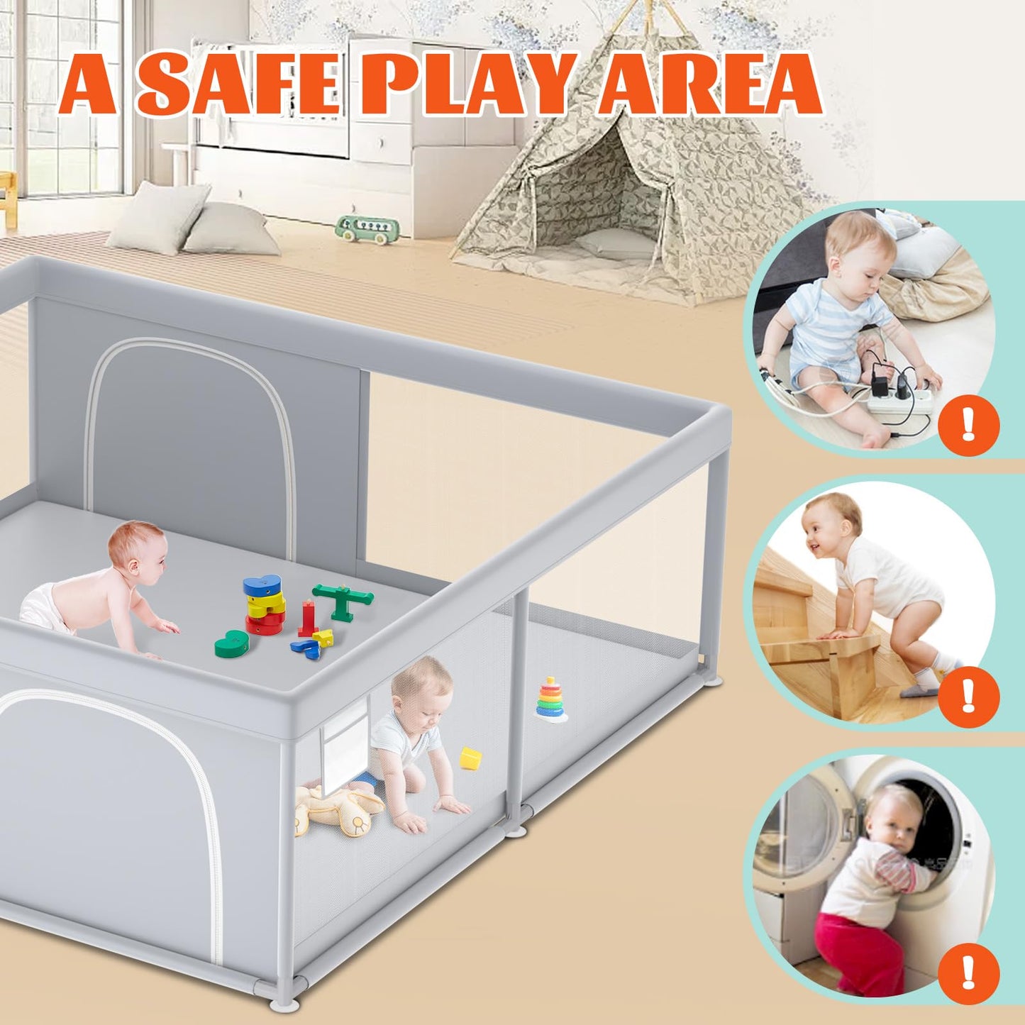 XVISHX 50 x 50 Inch Baby Playpen, Playpen for Babies and Toddlers, Baby Play Pen Playard for Indoor & Outdoor Active Center Game Fence, with Skin-Friendly Fabric and Soft Breathable Mesh, Grey