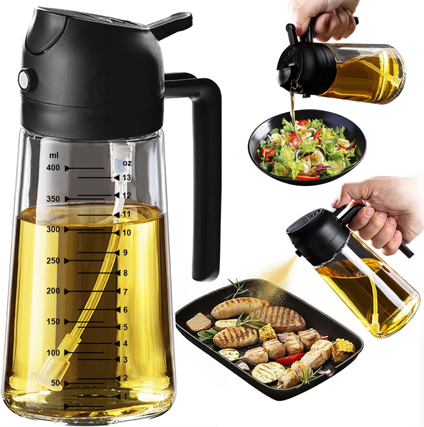 TrendPlain 470ml Olive Oil Spray Bottle for Kitchen Gadgets - 2 in 1 Olive Oil Dispenser Bottle and Air Fryer Accessories for Cooking, Salad and BBQ - Black