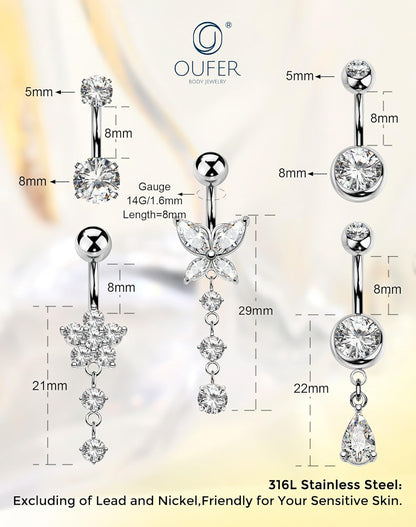 OUFER 5x Bauchnabelpiercings baumelnd – 14G Chirurgischer Stahl Bauchnabelpiercing, Hypoallergener Bauchnabelring mit Zirkonia Schmetterling Blume Tropfen Langhantel für Strand, Festival, Fitnessstudio