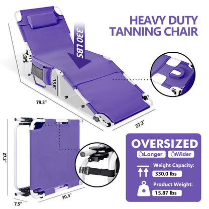 Tanning Chair with Face Hole, Adjustable Folding Chaise Lounge Chairs for Outside with Detachable Pillow & Pocket，Portable flat beach chairs for sunbathing, beach lawns camping (Purple, Standard)