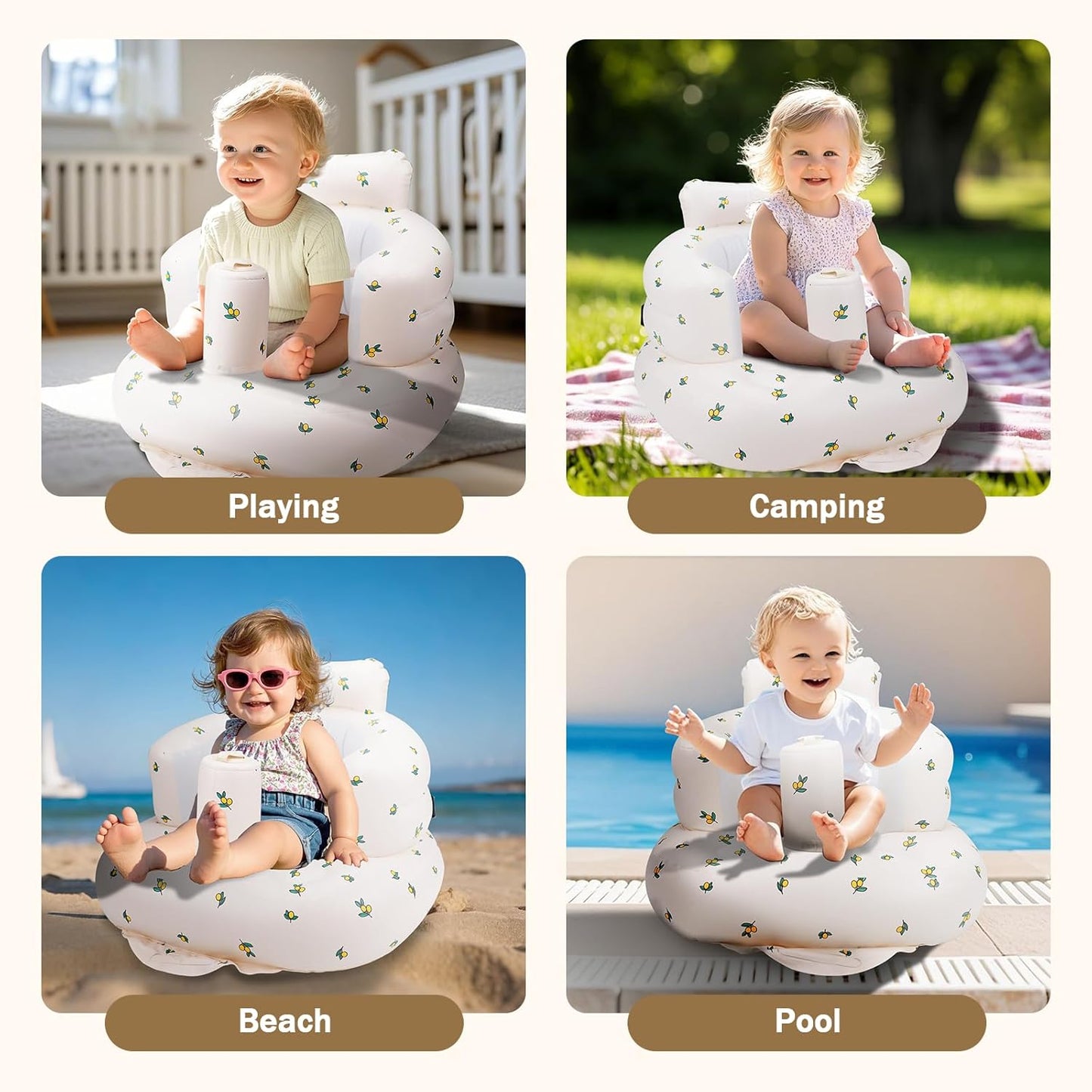 Aufblasbarer Babysitz, aufblasbarer Babystuhl für Babys ab 3 Monaten, aufblasbarer Sommerstuhl mit integrierter Luftpumpe, Baby-Bodensitz zum Sitzenlernen, Spielen, Campen, Orange