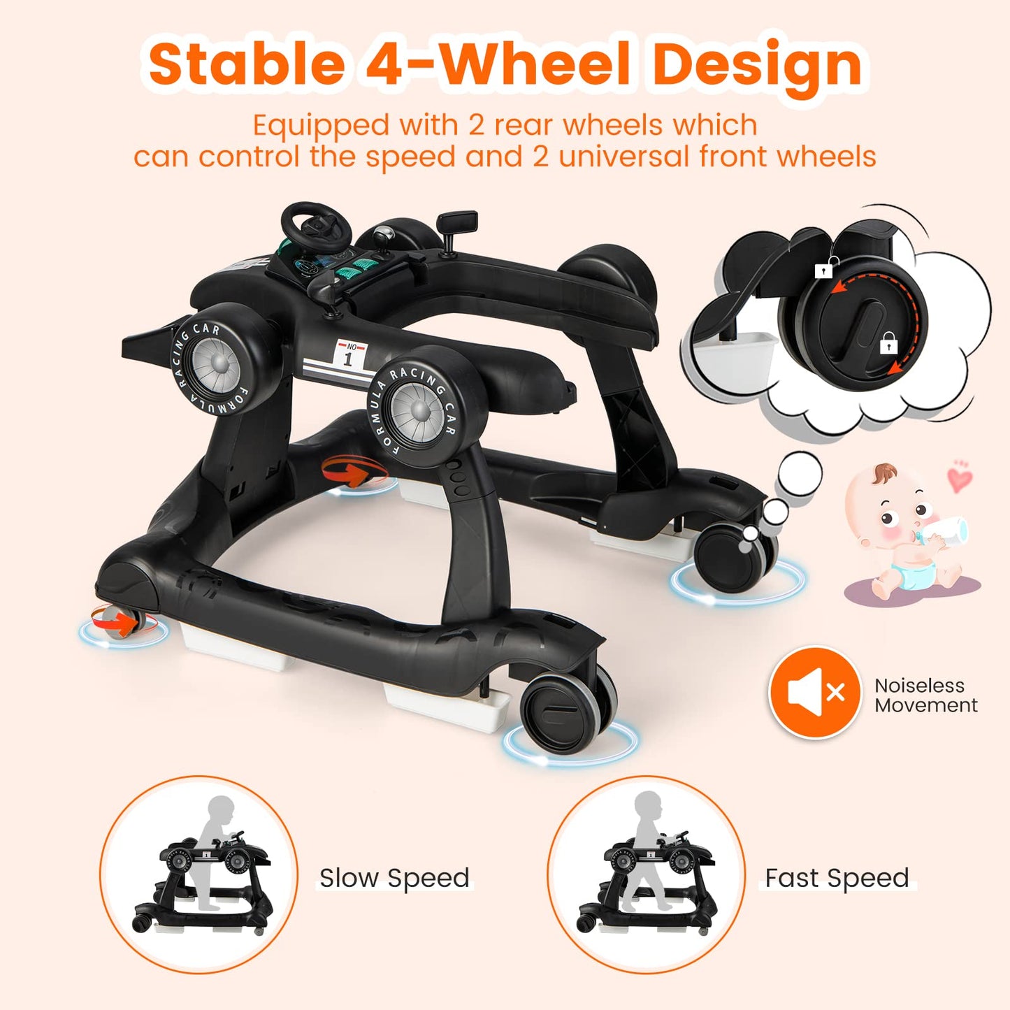 HONEY JOY 4-in-1 Baby Walker, Activity Push Walker w/3 Adjustable Heights, Smooth Wheels w/Adjustable Speed, Padded Seat, Music & Light, Foldable Car Walker for Baby Boys Girls Age 6 Months+ (Blue)