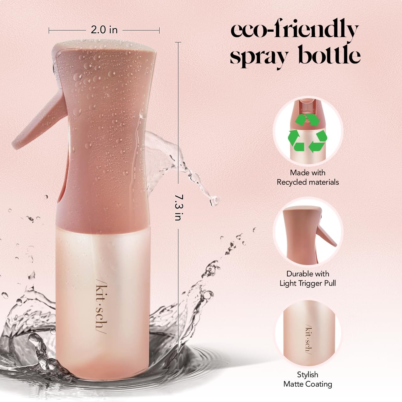Kitsch Sprühflasche für Haare – Kontinuierlicher Wasserzerstäuber mit ultrafeinem Sprühnebel für Hairstyling, Barbiere, Salons, Reinigung, Pflanzen, vielseitige Sprühflaschen – Aus recyceltem Kunststoff – Terrakotta, 150 ml