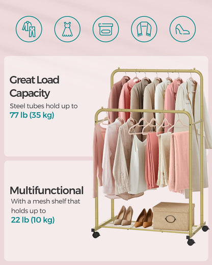 SONGMICS Clothes Rack with Wheels, Clothing Rack for Hanging Clothes, 25.4 mm Metal Garment Rack with Dense Mesh Storage Shelf, 110 lb Load Capacity, 2 Brakes, Black UHSR25BK
