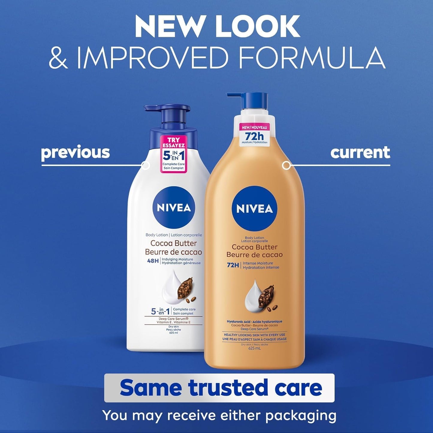 NIVEA Kakaobutter 72h Feuchtigkeitspflegende Body Lotion für trockene Haut, Körperlotion mit Hyaluronsäure und Kakaobutter, Nicht fettend und schnell einziehend, 625 ml Flasche
