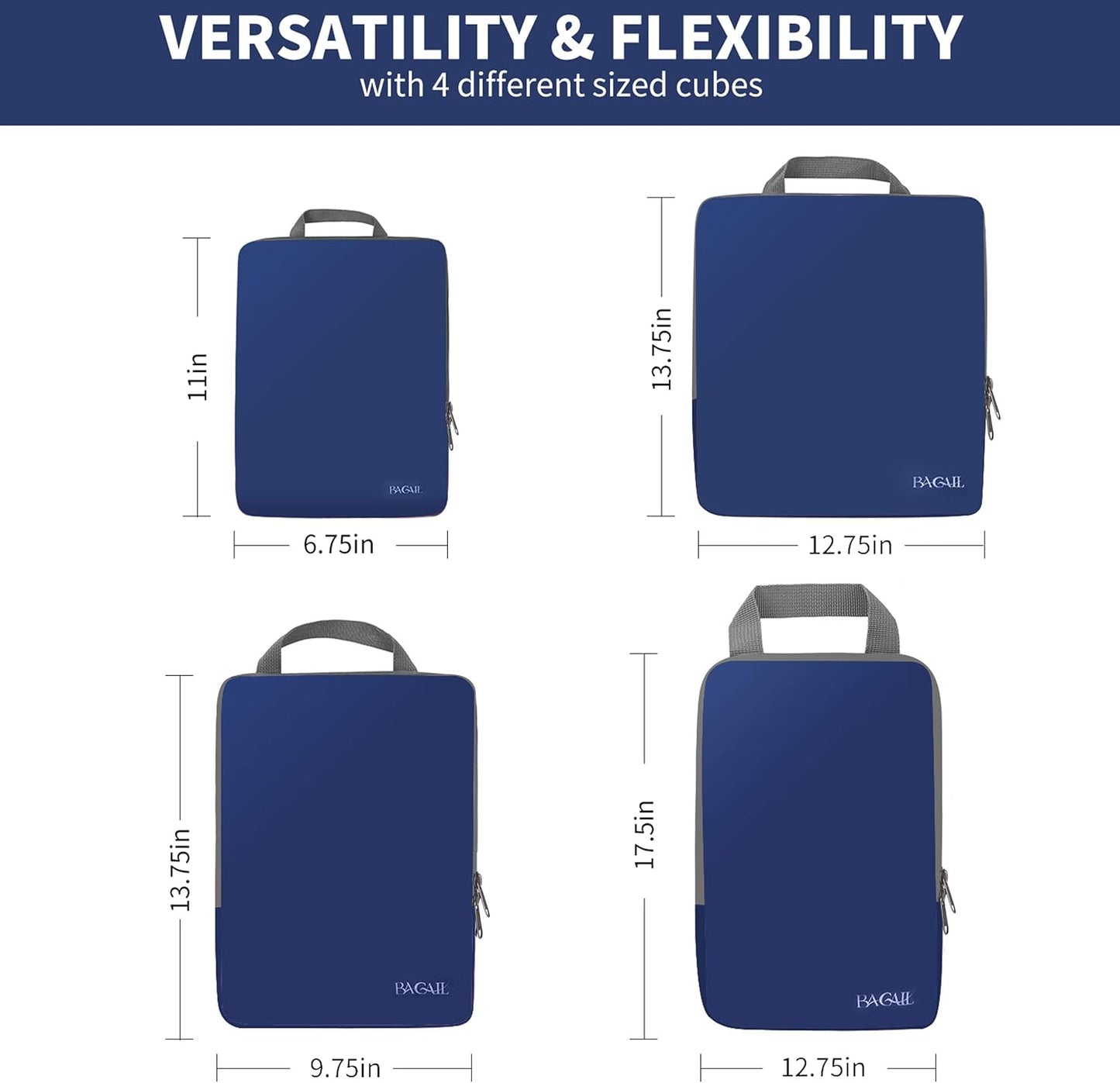 BAGAIL 4er-Set Kompressions-Packwürfel Reise-erweiterbare Packorganizer (Schwarz, 4er-Set)
