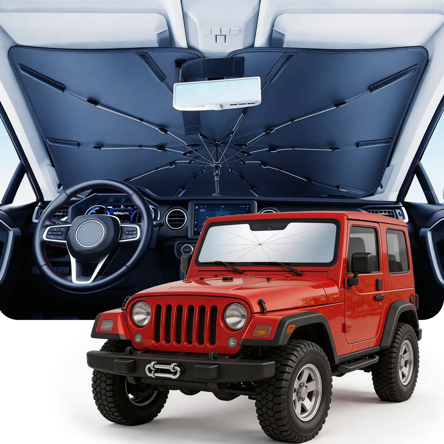 DMJN Umbrella Windshield Sun Shade for Jeep Grand Cherokee (2011-2026), Car Sunshade for Front Windshield [Nano Ice-Crystal Coatings] UPF50+ Heat & UV Block, Protect Interior & Keep Cooler