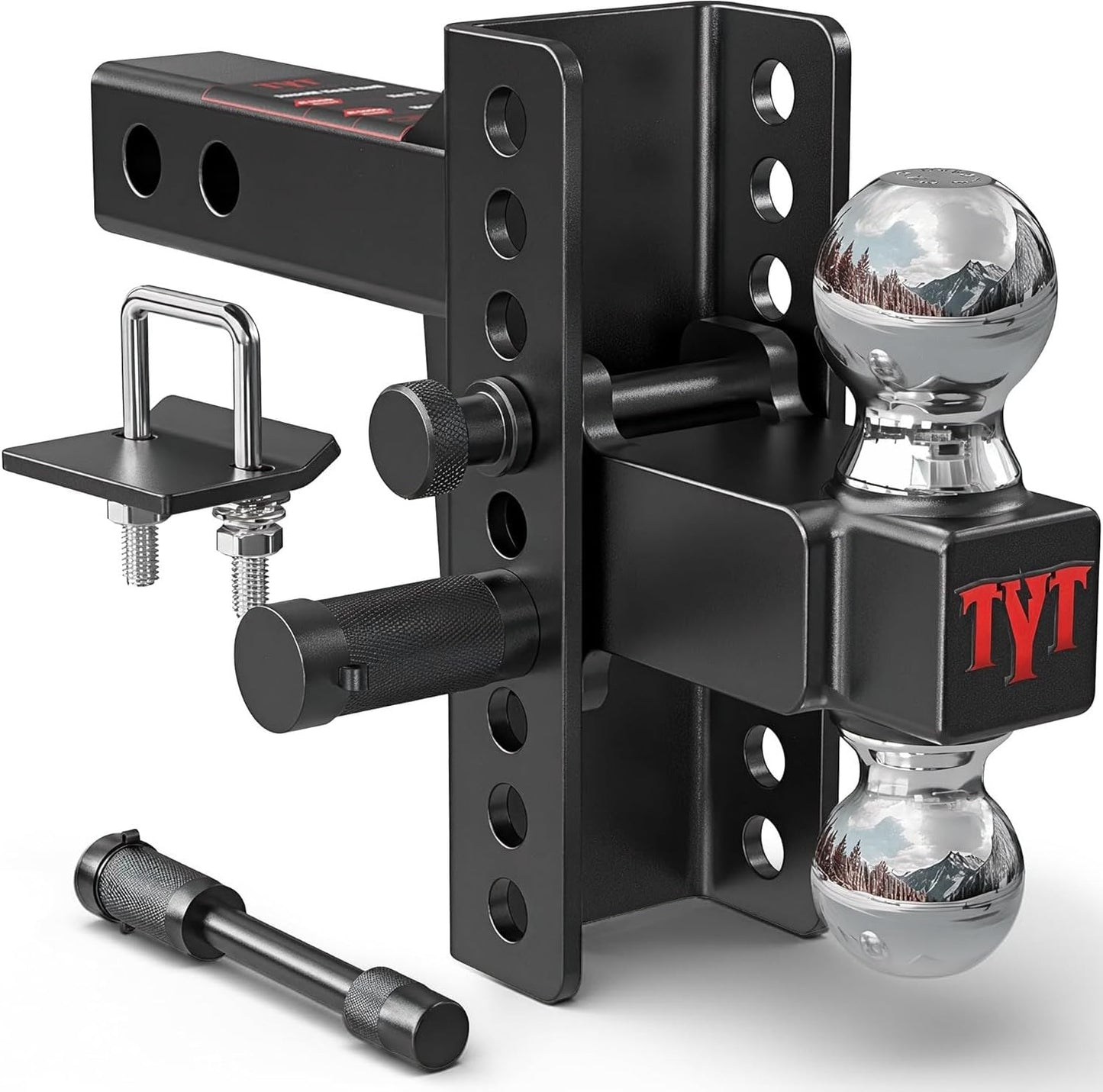 TYT Adjustable Truck Trailer Hitch for 2 inch Receiver, 6" Drop/Rise Tow Hitch with Dual Balls (2" & 2-5/16"), Compatible with Heavy-Duty Trailer Systems up to 20,000 lbs, Includes Hitch Tightener