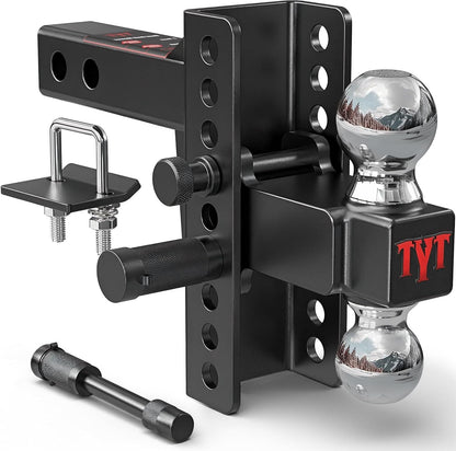 TYT Adjustable Truck Trailer Hitch for 2 inch Receiver, 6" Drop/Rise Tow Hitch with Dual Balls (2" & 2-5/16"), Compatible with Heavy-Duty Trailer Systems up to 20,000 lbs, Includes Hitch Tightener