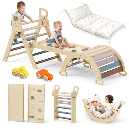 BlueWood Pikler Triangle Set with Cushion, 8-in-1 Climbing Toys for Toddlers, Montessori Philosophy Play Jungle Gym with Arch, Ramp, Ladder(Natural Wood)