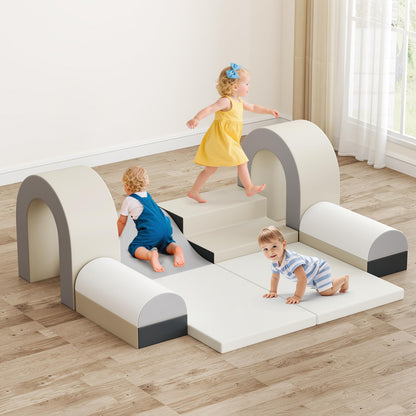 Olakids Toddler Climbing Toys Indoor, 10 Pieces Baby Foam Blocks Soft Play Set with PU Leather, Kids Climb Crawling Activity Gym Playground for 1+ Years (Brown)