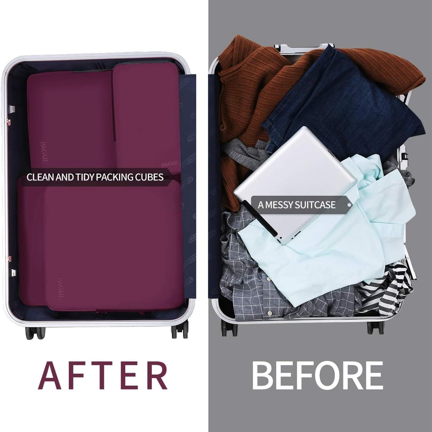 BAGAIL 4er-Set Kompressions-Packwürfel Reise-erweiterbare Packorganizer (Schwarz, 4er-Set)