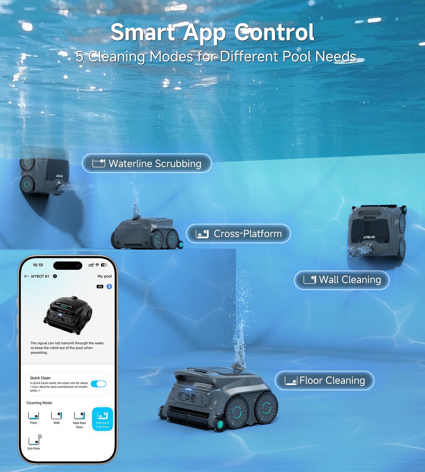(2026 NEW) WYBOT B1 Cordless Robotic Pool Vacuum for Inground Pools, Six-Roller Brush 4-in-1 Smart Pool Cleaner, Edge Cleaning High Obstacle Crossing, Lightweight, App Navigation, Gray Black