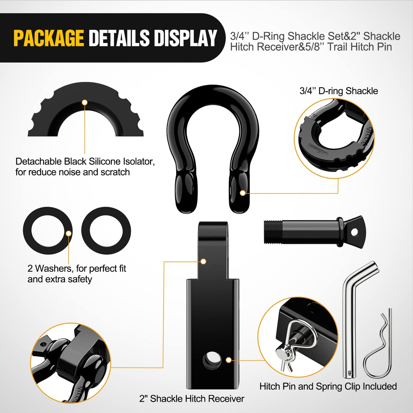 Nilight Anti-Theft Shackle Hitch Receiver 2Inch 45000 LBs Breaking Strength 3/4" Anti-Theft D Ring Shackle 5/8" Trailer Hitch Lock Pin Heavy Duty Solid Towing Kit for Trucks Off Road (Black)