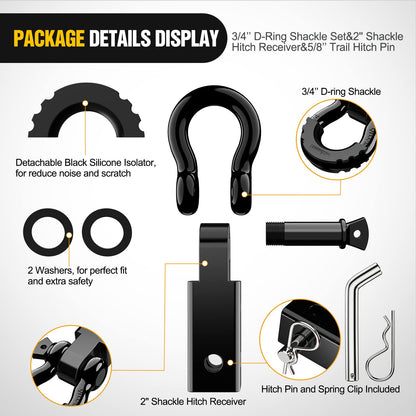 Nilight Anti-Theft Shackle Hitch Receiver 2Inch 45000 LBs Breaking Strength 3/4" Anti-Theft D Ring Shackle 5/8" Trailer Hitch Lock Pin Heavy Duty Solid Towing Kit for Trucks Off Road (Black)