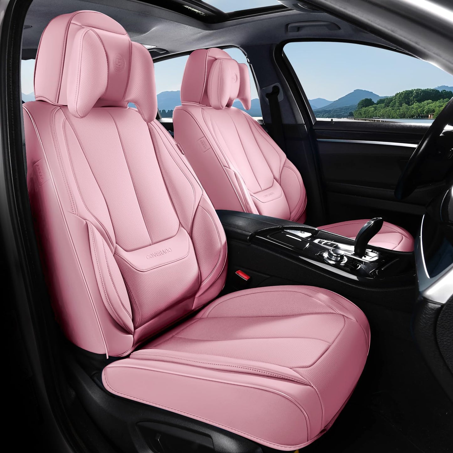 Coverado Car Seat Covers 5 Pieces, Full Set Universal Seat Covers for Cars, Waterproof Nappa Leather Auto Seat Protectors with Head Pillow, Car Interiors Fit for Most Sedans SUV Pick-up Truck, Black