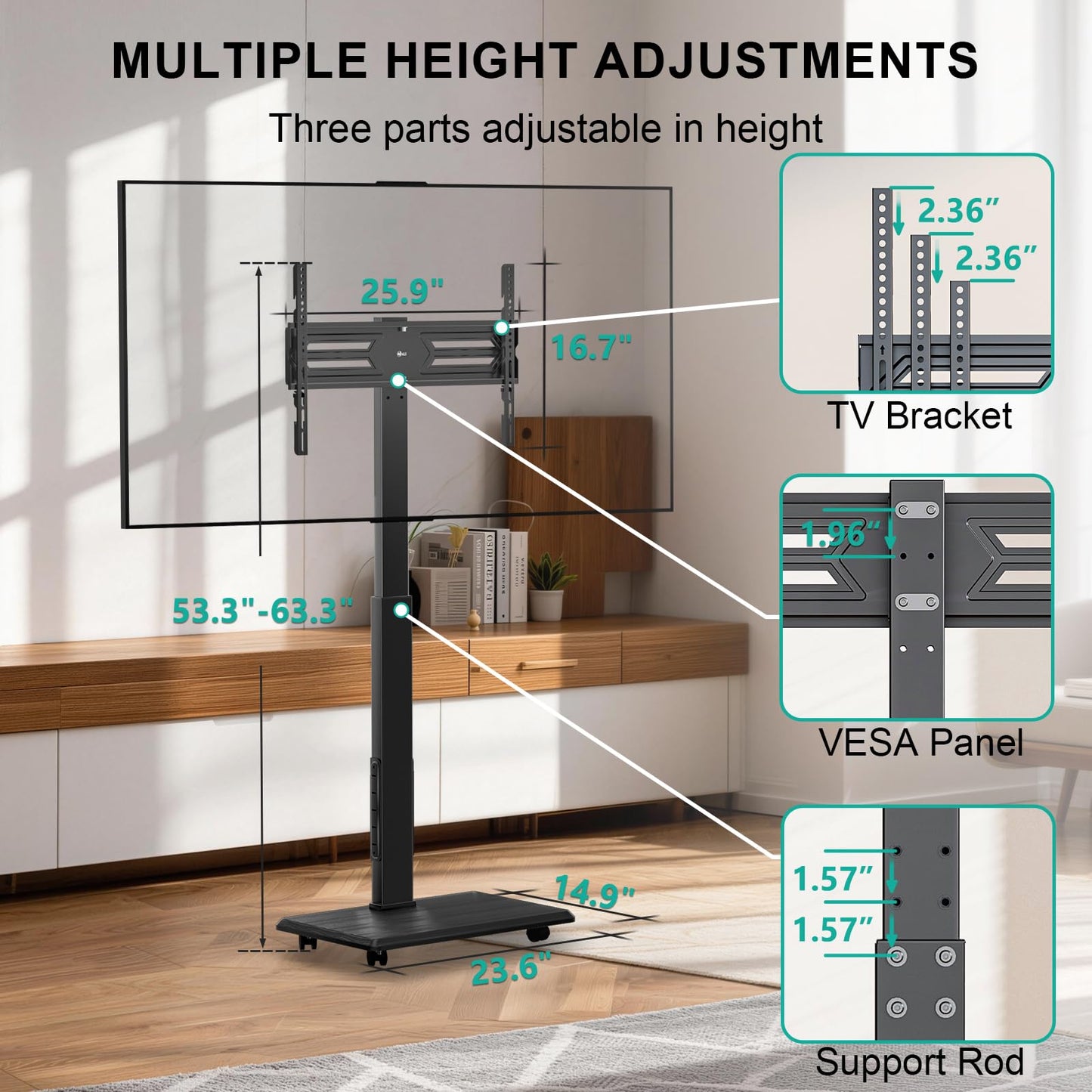 WALI Rolling TV Stand with Power Outlet & AV Shelf, Mobile Tall TV Stand Mount on Wheels for 34-75 inch TV up to 110 lbs, Swivel Height Adjustable TV Cart with Wood Base for Bedroom(TVDVD-6PRW), White