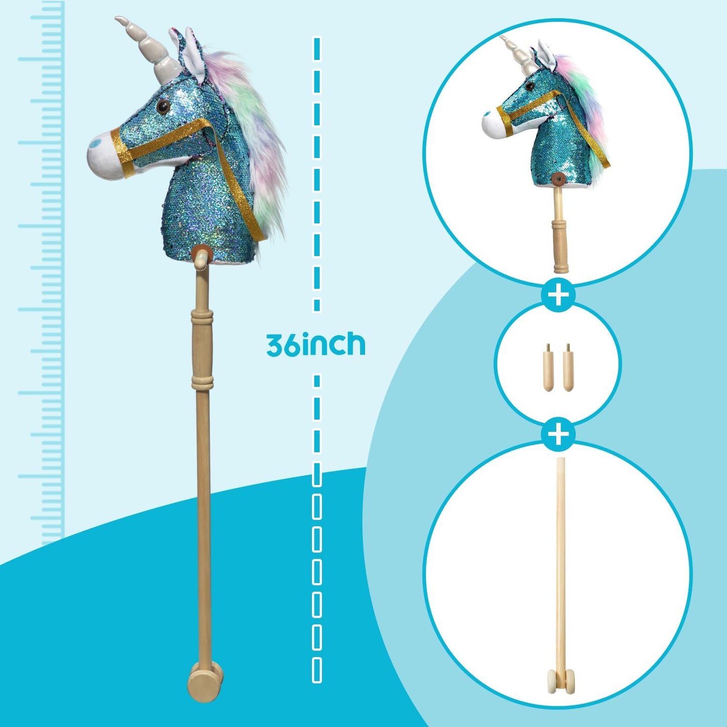 HollyHOME Plüsch Einhorn Steckenpferd mit Holzrädern Echten Pony Wiehern und Galoppieren Geräuschen Plüschtier Rosa 94 cm (AA Batterien Benötigt)