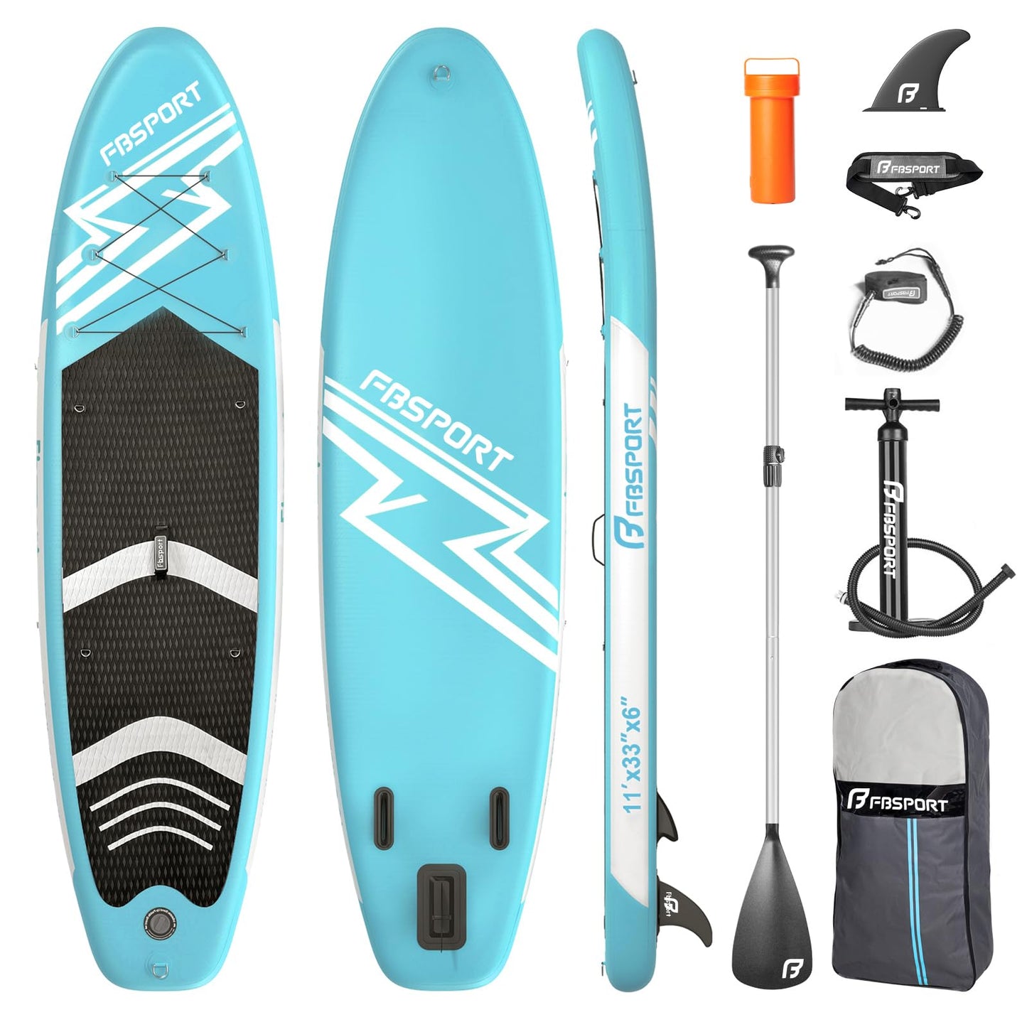 FBSPORT 11' Premium Stand Up Paddle Board, Yoga Board with SUP Accessories & Carry Bag | Wide Stance, Surf Control, Non-Slip Deck, Leash, Paddle and Pump for Youth & Adult
