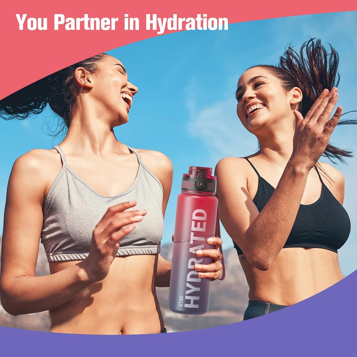 Sahara Sailor Trinkflasche, 950ml Motivations-Sportflasche mit Zeitmarkierung – Trinkzeiten – Tritan, BPA-frei, weite Öffnung auslaufsicher, Fast-Flow-Technologie mit Reinigungsbürste (1 Flasche)