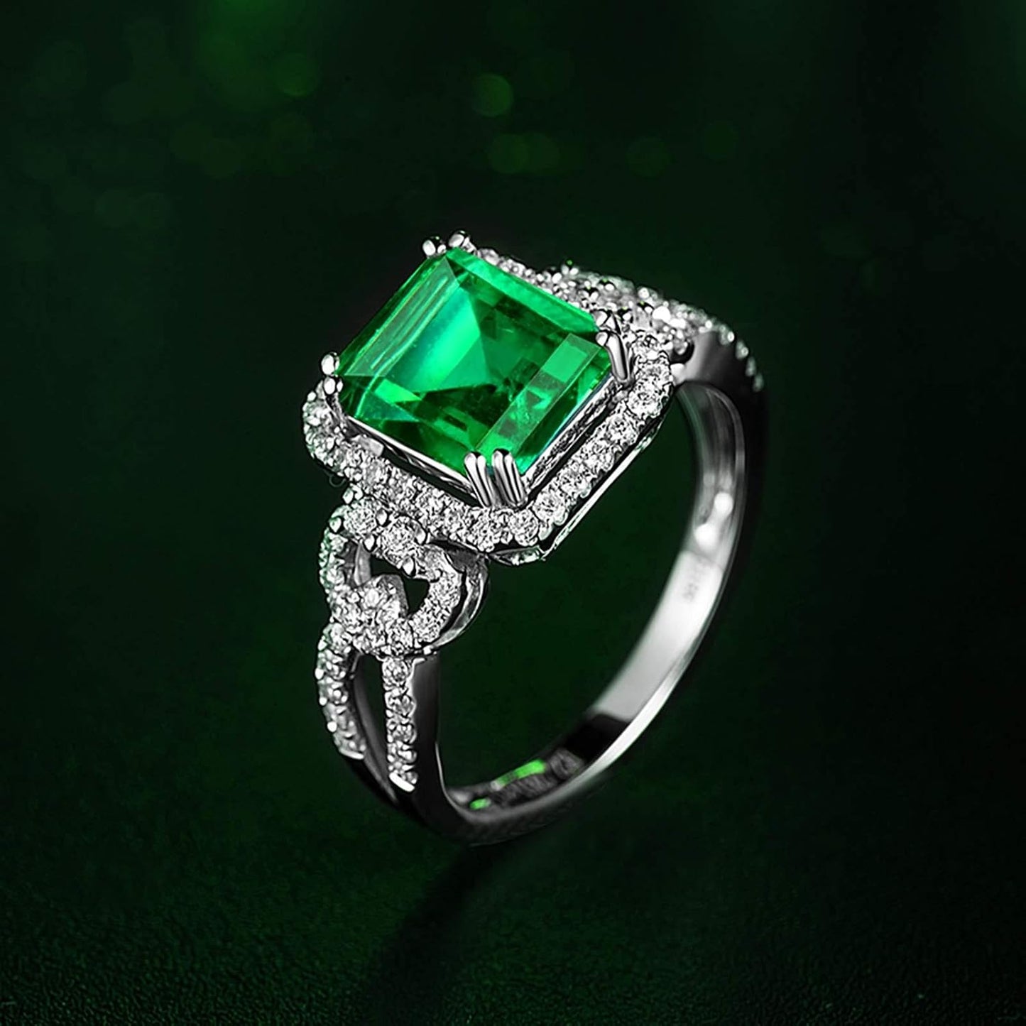 KnSam 18K White Gold Rings, Square Cut Green Emerald 2.26ct VS and 0.47ct Diamond Silver