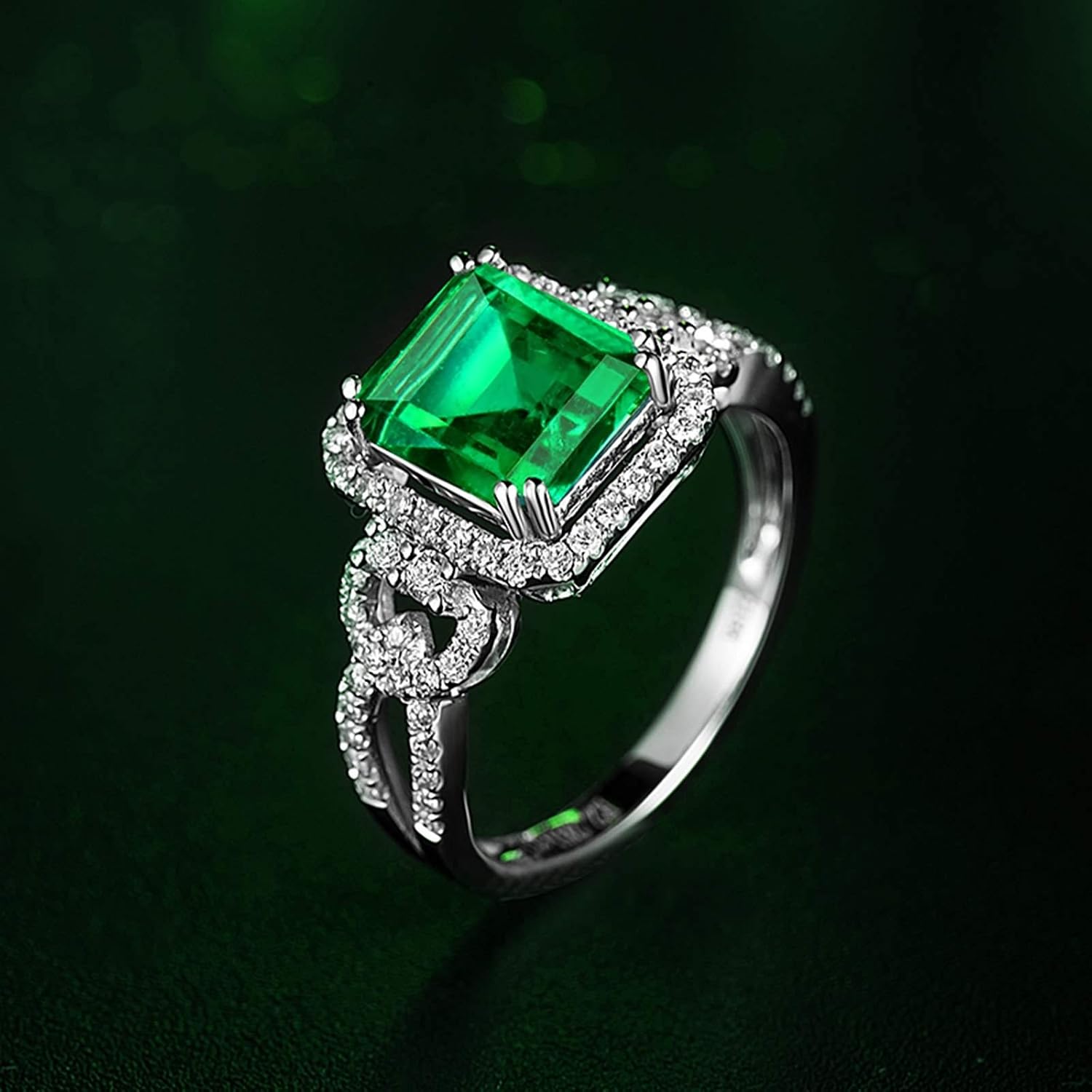 KnSam 18K White Gold Rings, Square Cut Green Emerald 2.26ct VS and 0.47ct Diamond Silver