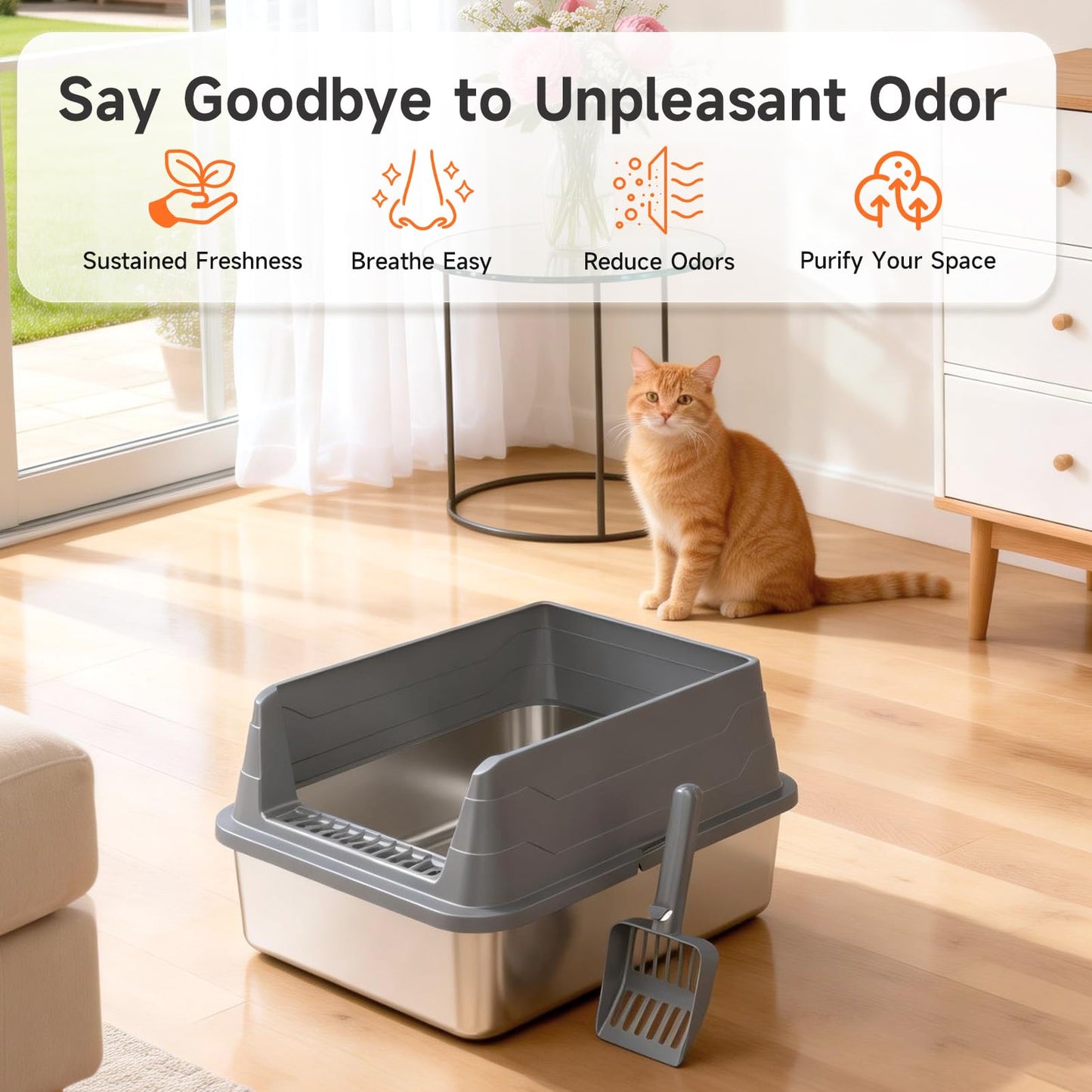 Stainless Steel Cat Litter Box, Odor Free Metal Litter Box with High Sides Lid, Open Top Low Entry Litter Pan Include Scoop Easy Cleaning Anti-Scratch Kitty Cat Box Anti-Urine Leakage, Non-Sticky