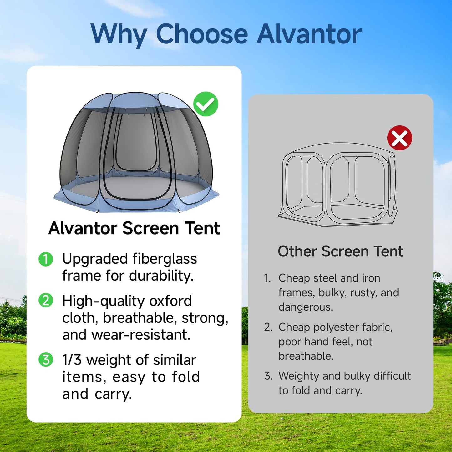 Alvantor Pop Up Screen House Tent, Instant Outdoor Gazebo with Mosquito Netting & UPF 50+ Sun Protection, Portable Canopy Shelter for Patio, Backyard, Camping (2-10 Person)