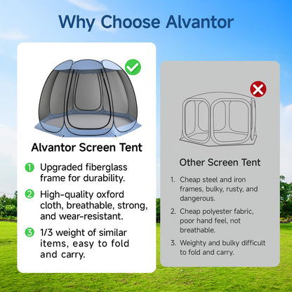 Alvantor Pop Up Screen House Tent, Instant Outdoor Gazebo with Mosquito Netting & UPF 50+ Sun Protection, Portable Canopy Shelter for Patio, Backyard, Camping (2-10 Person)