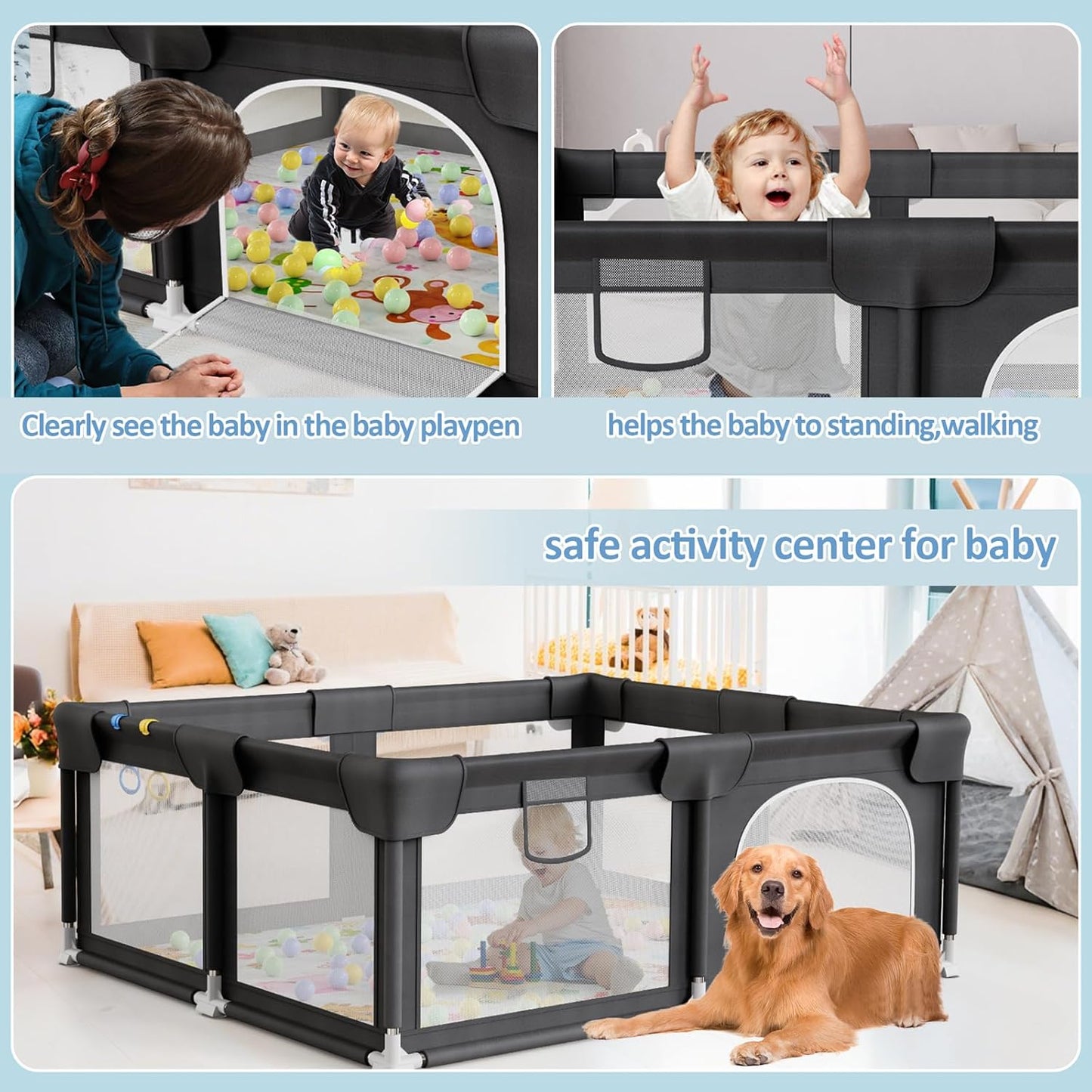 Palopalo Baby Laufgitter, 180x150cm Extra Großer Laufstall für Babys und Kleinkinder, Baby-Aktivitätszentrum mit 8 Saugnapfbasen, Baby-Laufstall mit Tür und weichem, atmungsaktivem Netz, Ohne Matte