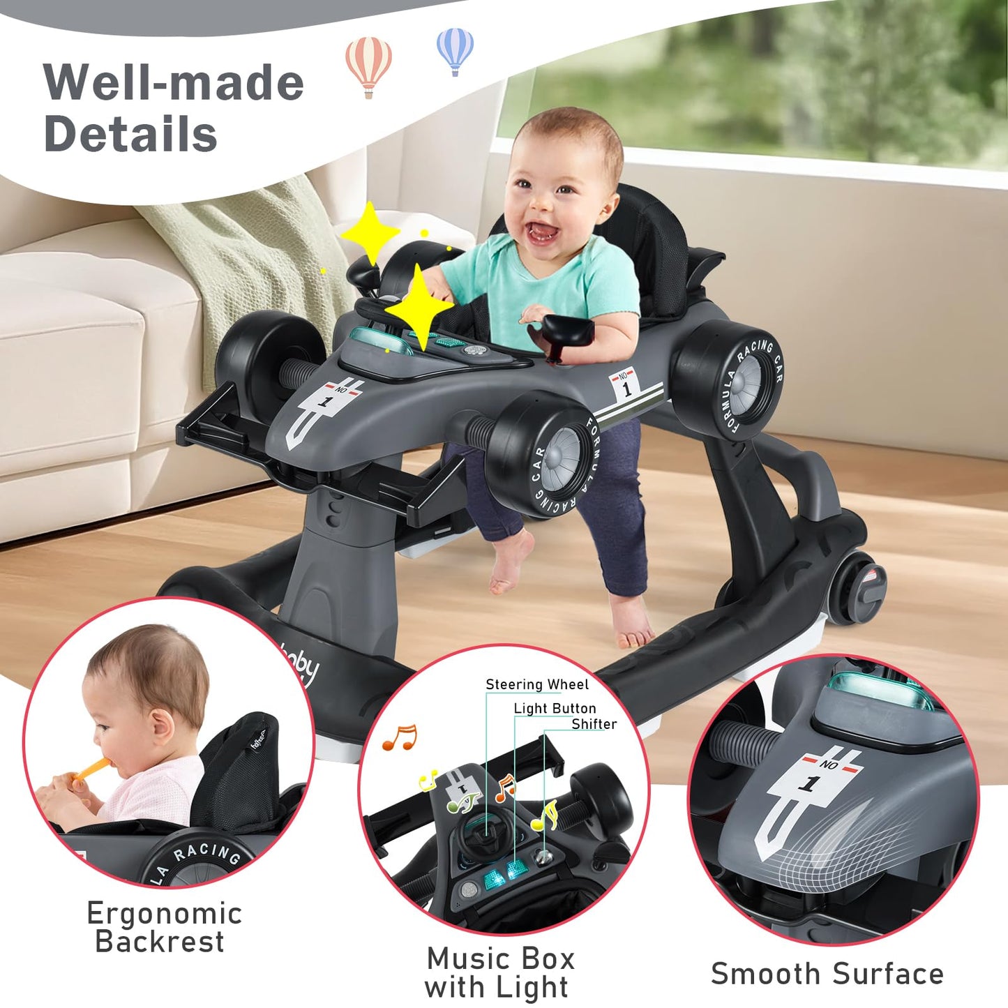BABY JOY 4-in-1 Baby Walker, Foldable Activity Walker with Adjustable Height & Speed, Music, Lights, Anti-Rollover, Toddler Push Walker, Baby Walker with Wheels for Boys Girls 6-18 Months (Pink)