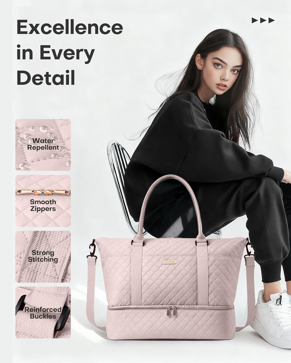HOTOR Reisetasche - Große Weekender-Tasche für Frauen, Handgepäck mit Schuhfach, Übernachtungstasche mit Kulturtasche für Reiseutensilien und Reisezubehör, Schwarz, 34,0 x 45,0 x 20,0 cm