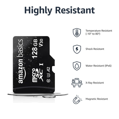 Amazon Basics microSDXC Speicherkarte mit Full-Size Adapter, A2, U3, Lesegeschwindigkeit bis zu 100 MB/s, 128 GB, Schwarz
