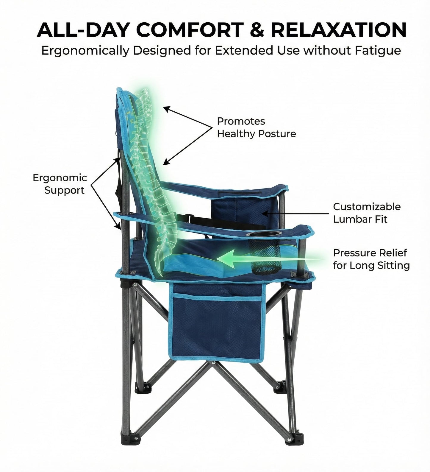 FAIR WIND Padded Camping Chair 500LBS Capacity Heavy Duty Oversized Folding Chair for Heavy People Portable Lawn Chair with Adjustable Lumbar Support, Cooler Bag & Cup Holder for Outdoor, Beach