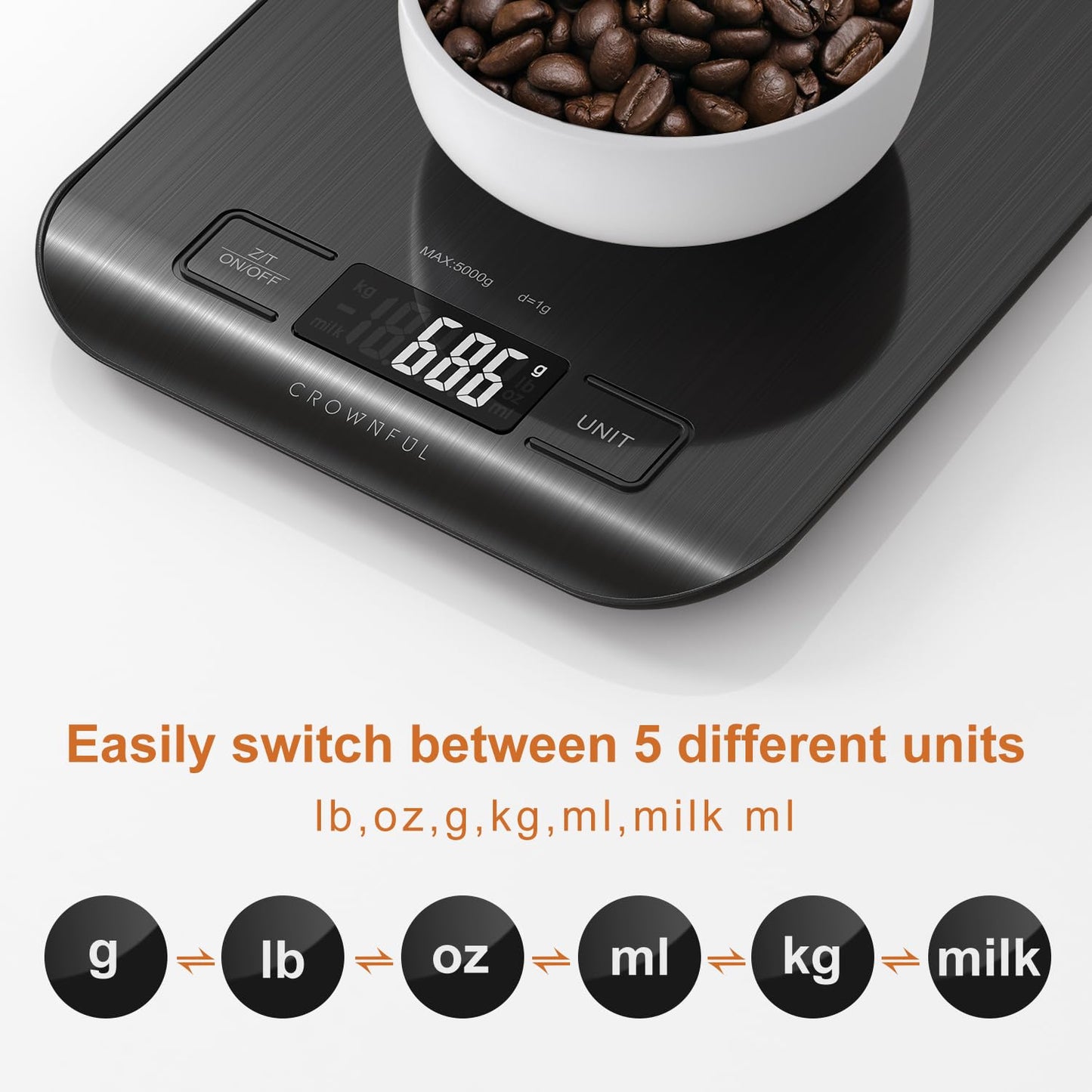 CROWNFUL Küchenwaage, 11lb/5kg Digitale Küchenwaage für Kochen und Backen, 6 Maßeinheiten mit Tara-Funktion (Batterie enthalten)