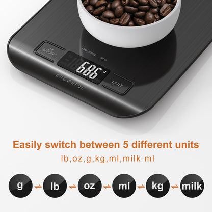 CROWNFUL Küchenwaage, 11lb/5kg Digitale Küchenwaage für Kochen und Backen, 6 Maßeinheiten mit Tara-Funktion (Batterie enthalten)